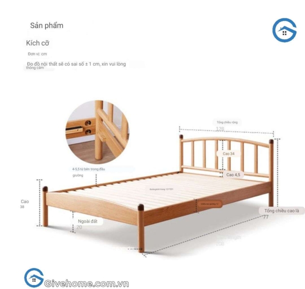 Giường đơn gỗ sồi nga 1m2 thiết kế đơn giản7