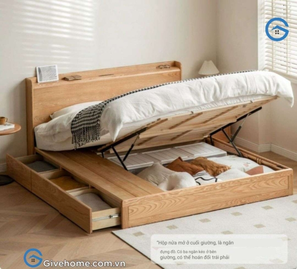 Giường ngủ có ngăn kéo 2m2 gỗ sồi tự nhiên03