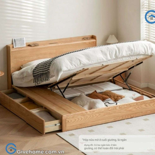 Giường ngủ có ngăn kéo 2m2 gỗ sồi tự nhiên03
