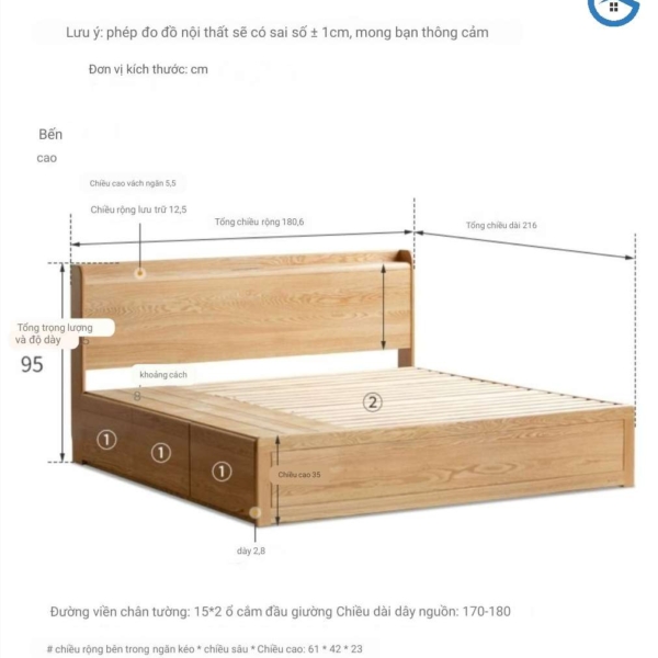 Giường ngủ có ngăn kéo 2m2 gỗ sồi tự nhiên10