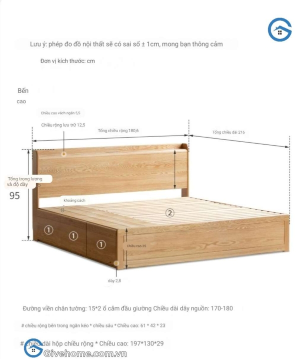 Giường ngủ có ngăn kéo 2m2 gỗ sồi tự nhiên10