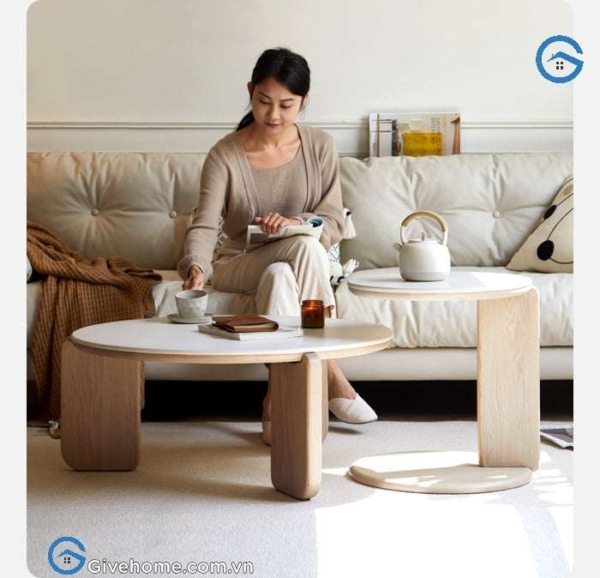 bàn trà tròn đôi gỗ sỗi mặt đá thiết kế hiện đại6