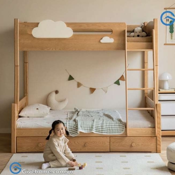 Giường 2 tầng trẻ em bằng gỗ sồi tự nhiên04
