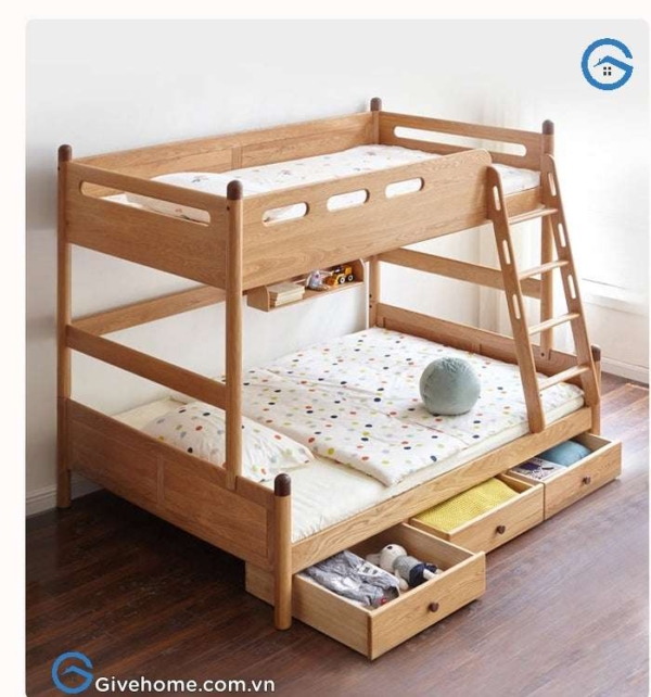 giường tầng gỗ sồi cho bé có ngăn kéo tiện ích2