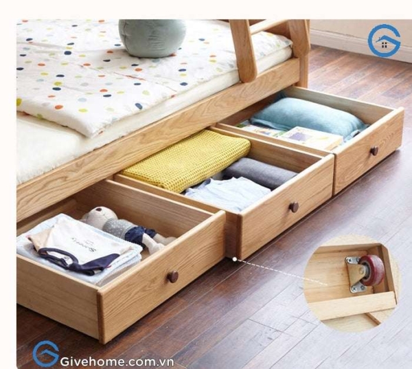giường tầng gỗ sồi cho bé có ngăn kéo tiện ích3