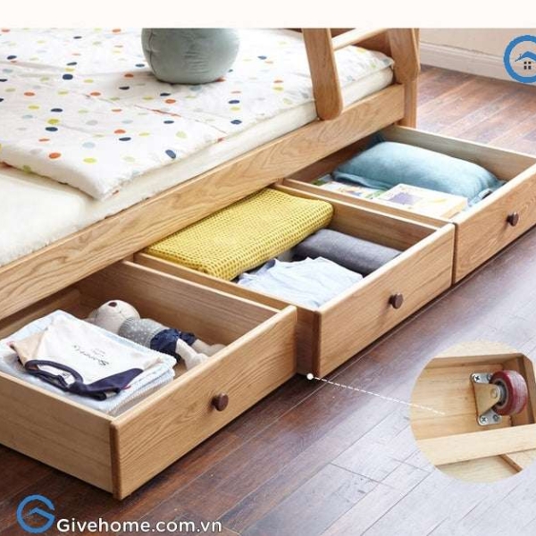 giường tầng gỗ sồi cho bé có ngăn kéo tiện ích3