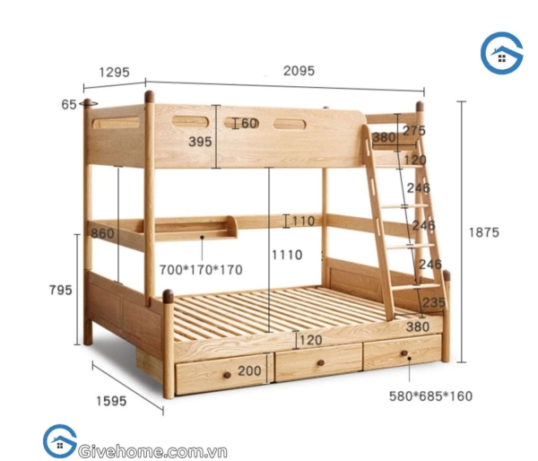 giường tầng gỗ sồi cho bé có ngăn kéo tiện ích5