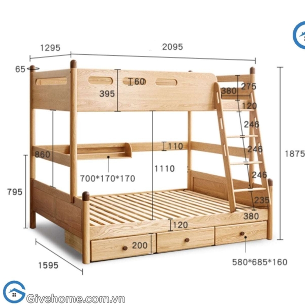 giường tầng gỗ sồi cho bé có ngăn kéo tiện ích5