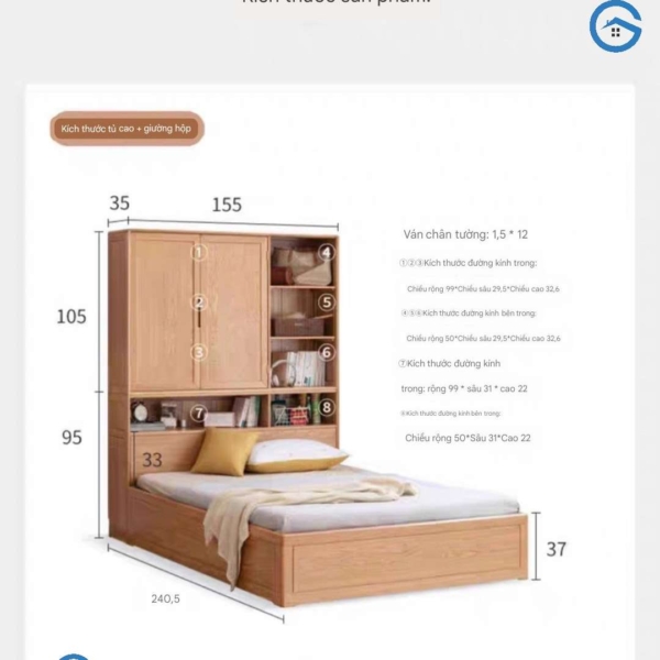 Giường ngủ kết hợp tủ quần áo bằng gỗ sồi hiện đại6