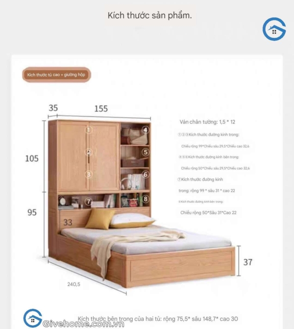 Giường ngủ kết hợp tủ quần áo bằng gỗ sồi hiện đại6