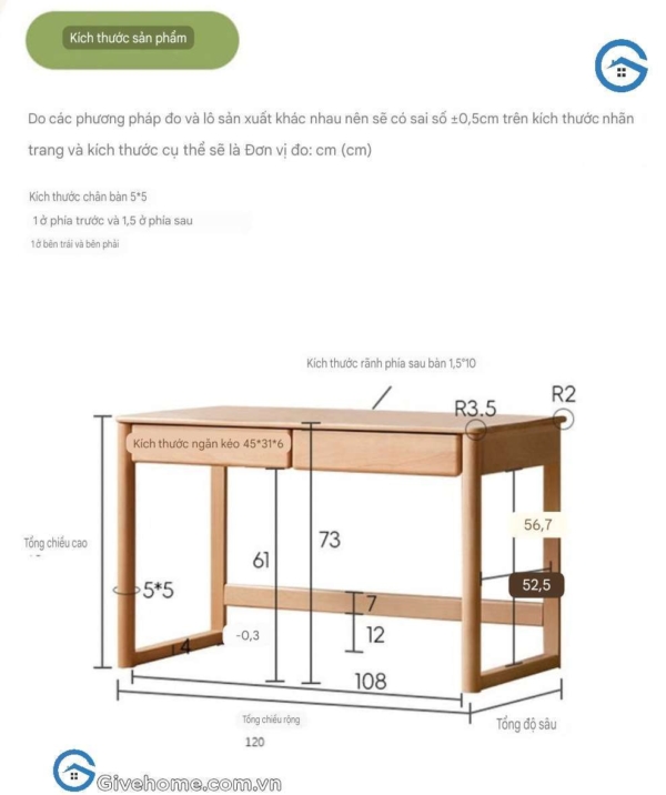 Bàn gỗ học sinh 2 ngăn kéo thiết kế đơn giản3