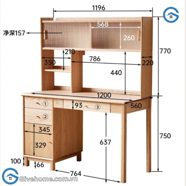 Bàn học kèm giá sách đa năng bằng gỗ tự nhiên9