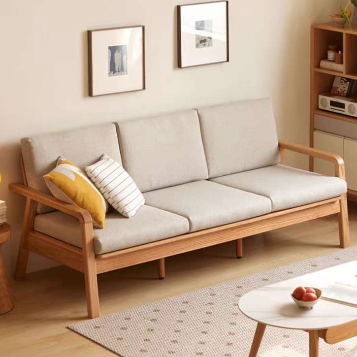 Sofa gỗ sồi tự nhiên 3 chỗ kiểu Bắc Âu bọc nệm vải