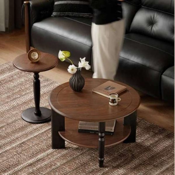 Bàn sofa gỗ tròn 2 tầng phong cách vintage3